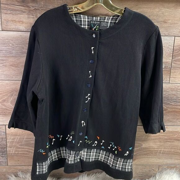 Onque Casuals Ladies Black Cardigan,Size Small,Embroidered Musical Notes,Vintage - Picture 1 of 8